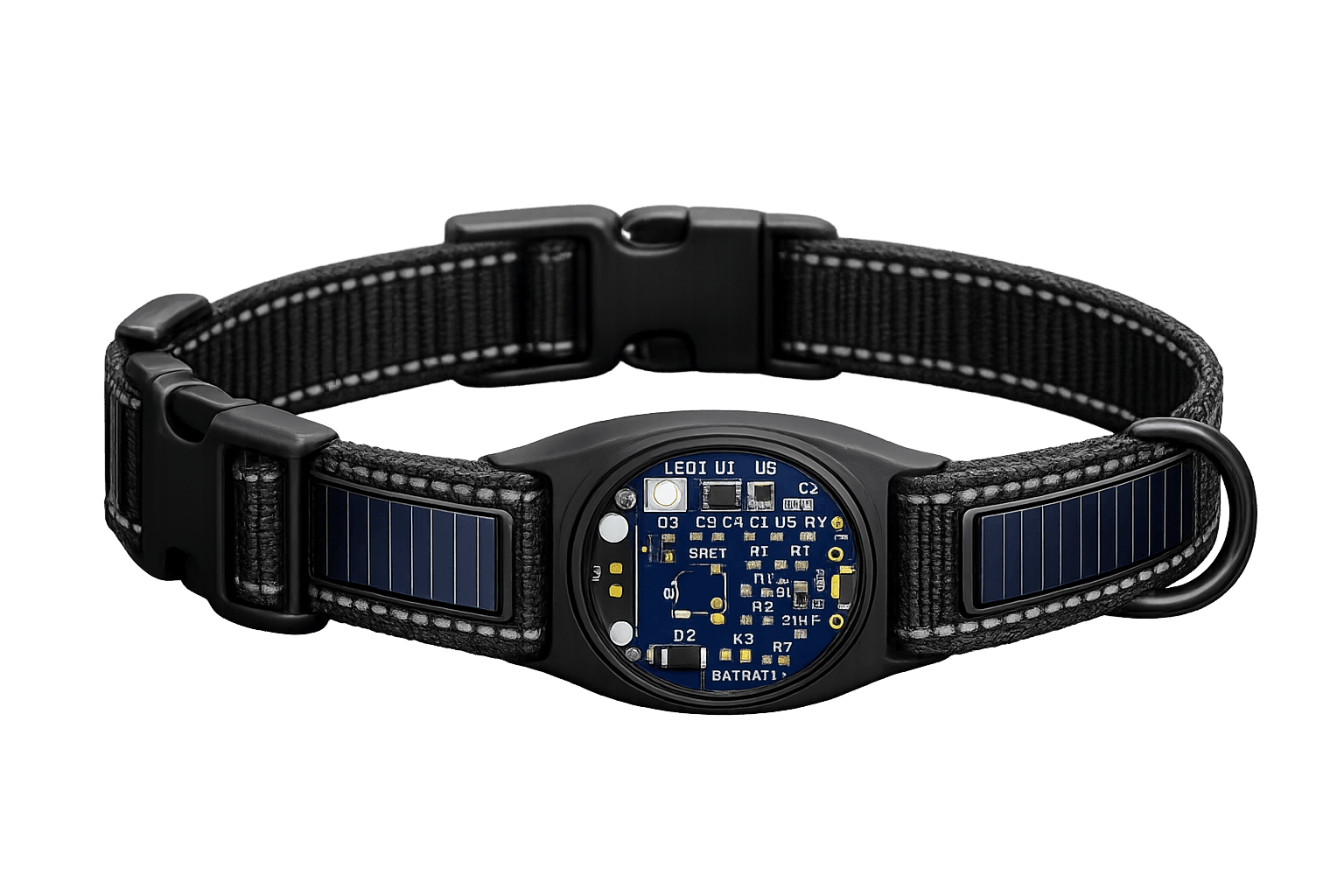 Final concept render of the Glopaw solar-first smart collar — in development, not a shipped product.